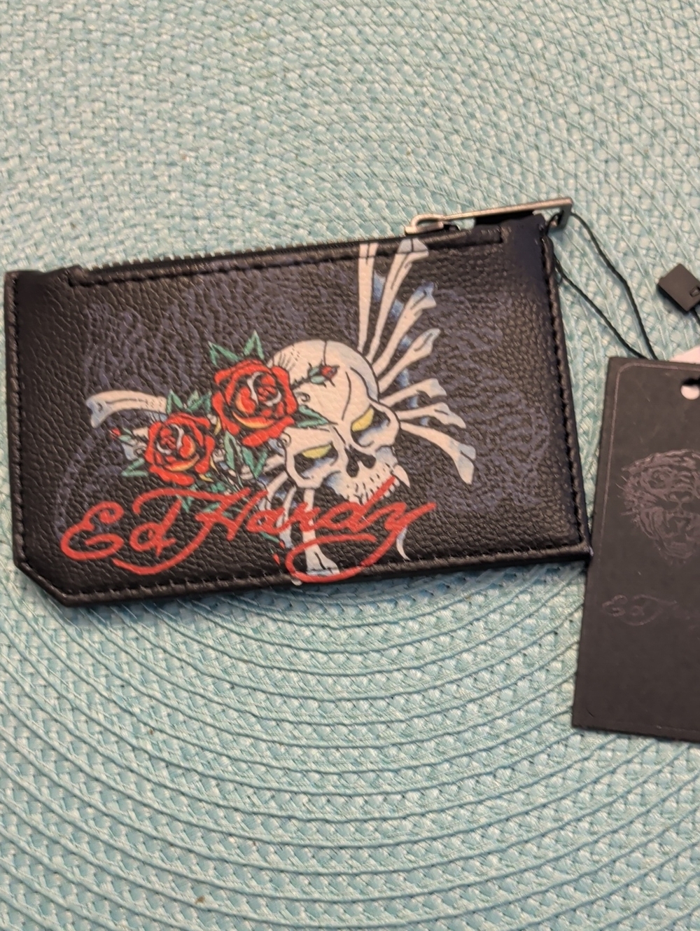 Ed Hardy Black Skull & Red Rose Zip Card Holder